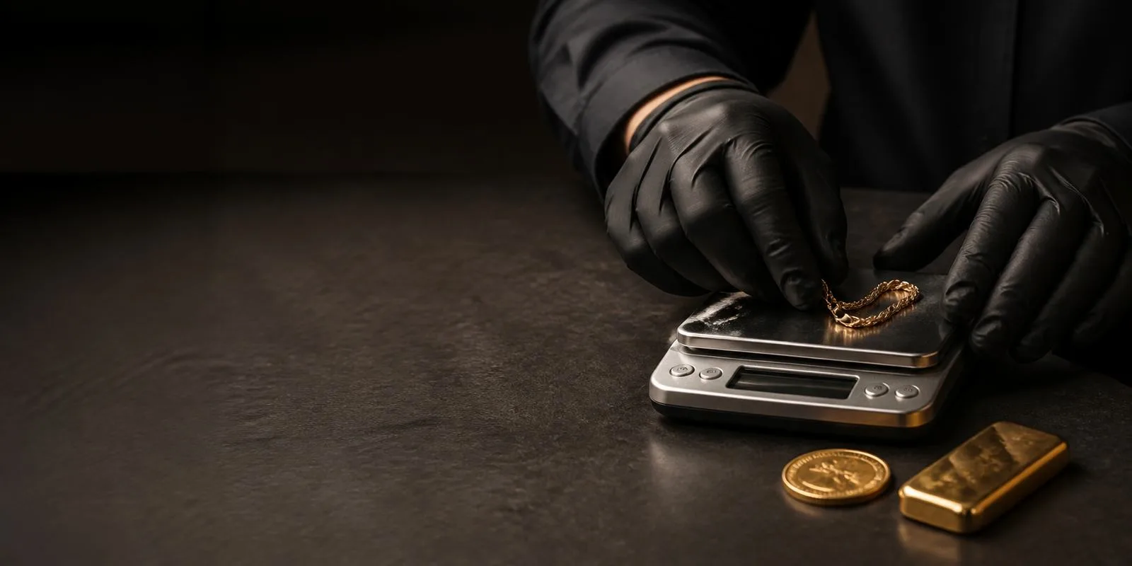 Especialista pesando una cadena de oro